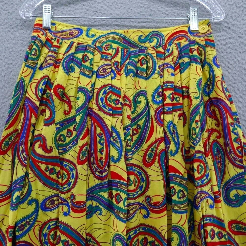 Chaus Vintage Yellow Paisley Pleated Midi‎ Skirt Womens 12 Rayon High Waist Boho
